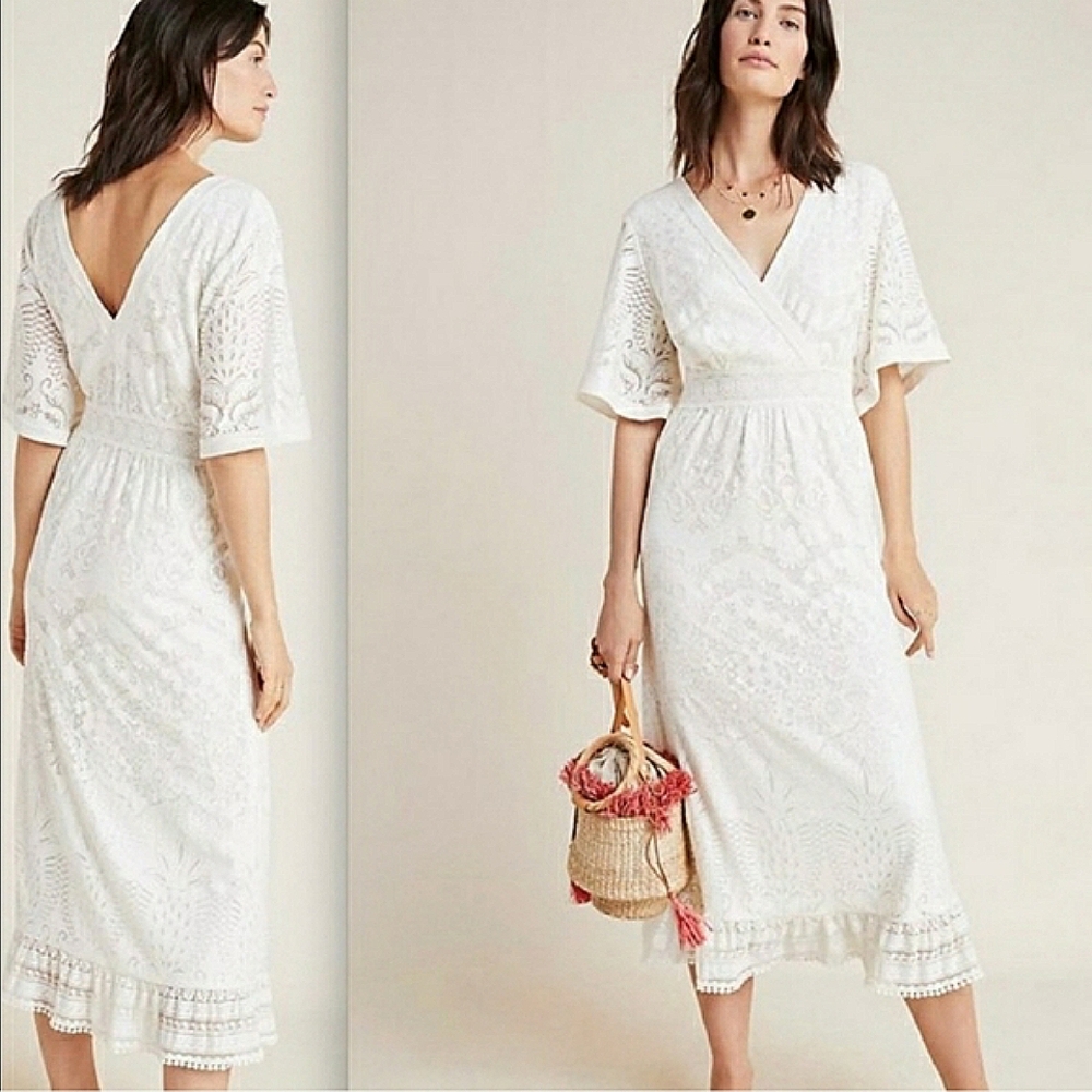 NWT Anthropologie Farm x Rio Devore Ivory Lace Midi Dress Size XS